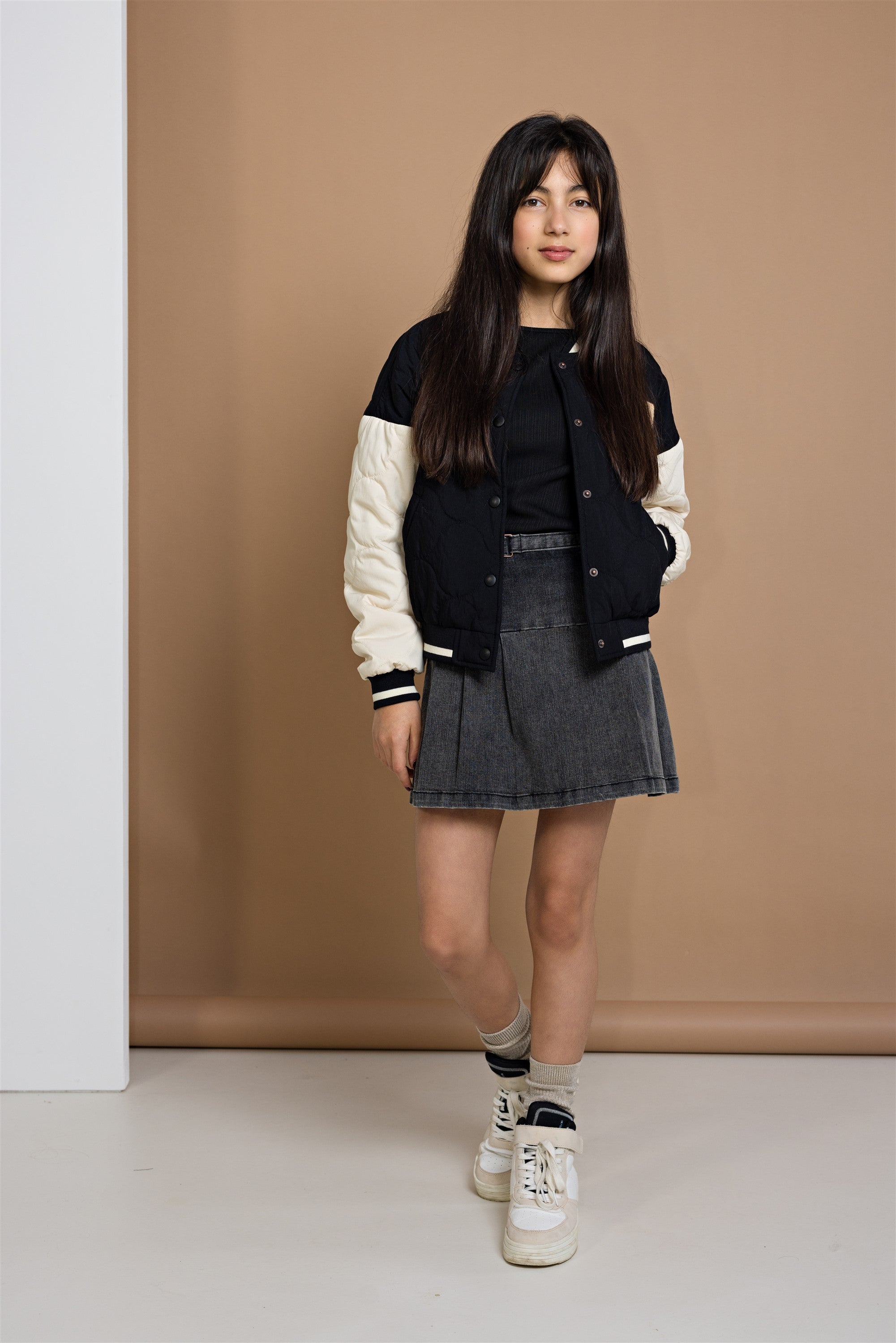 Darsy Stepped Varsity Bomber Jacket Black