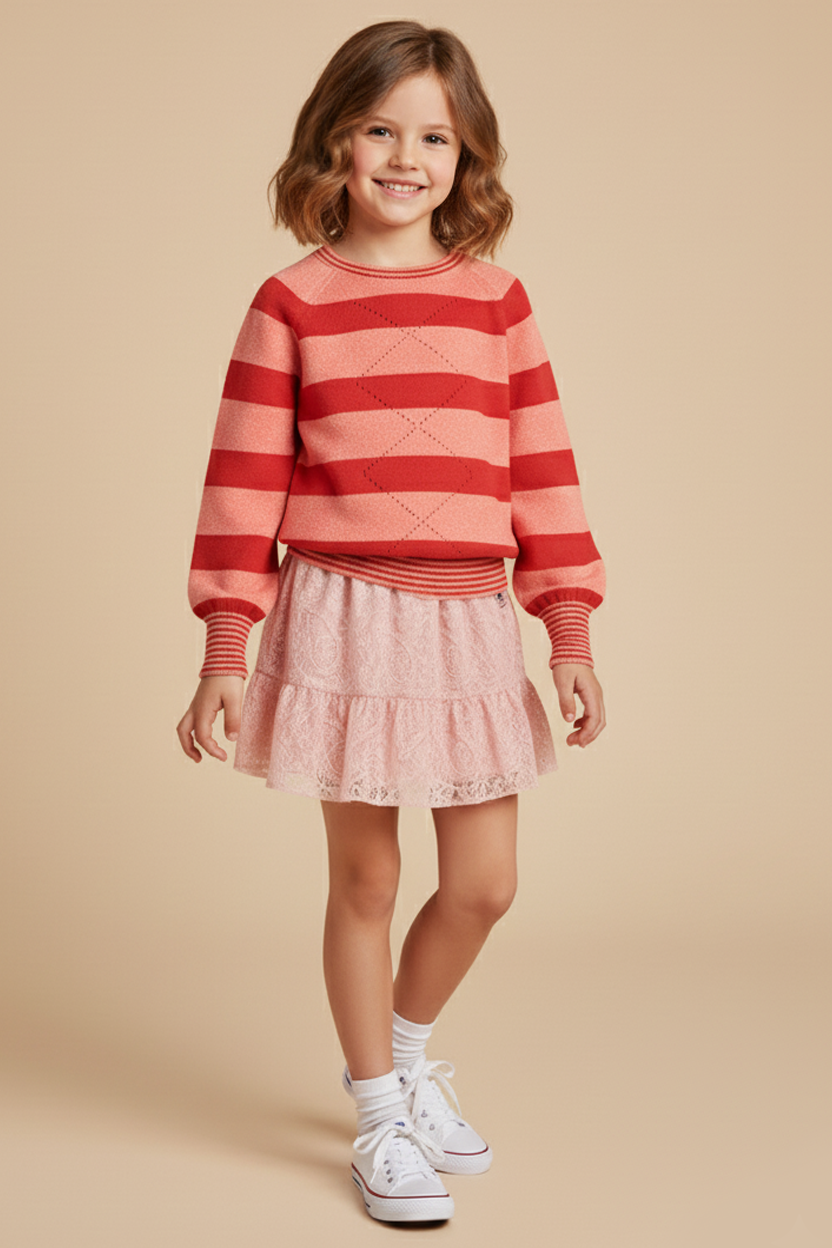 Keta Gestreepte trui & Mesh Rok Oud Roze