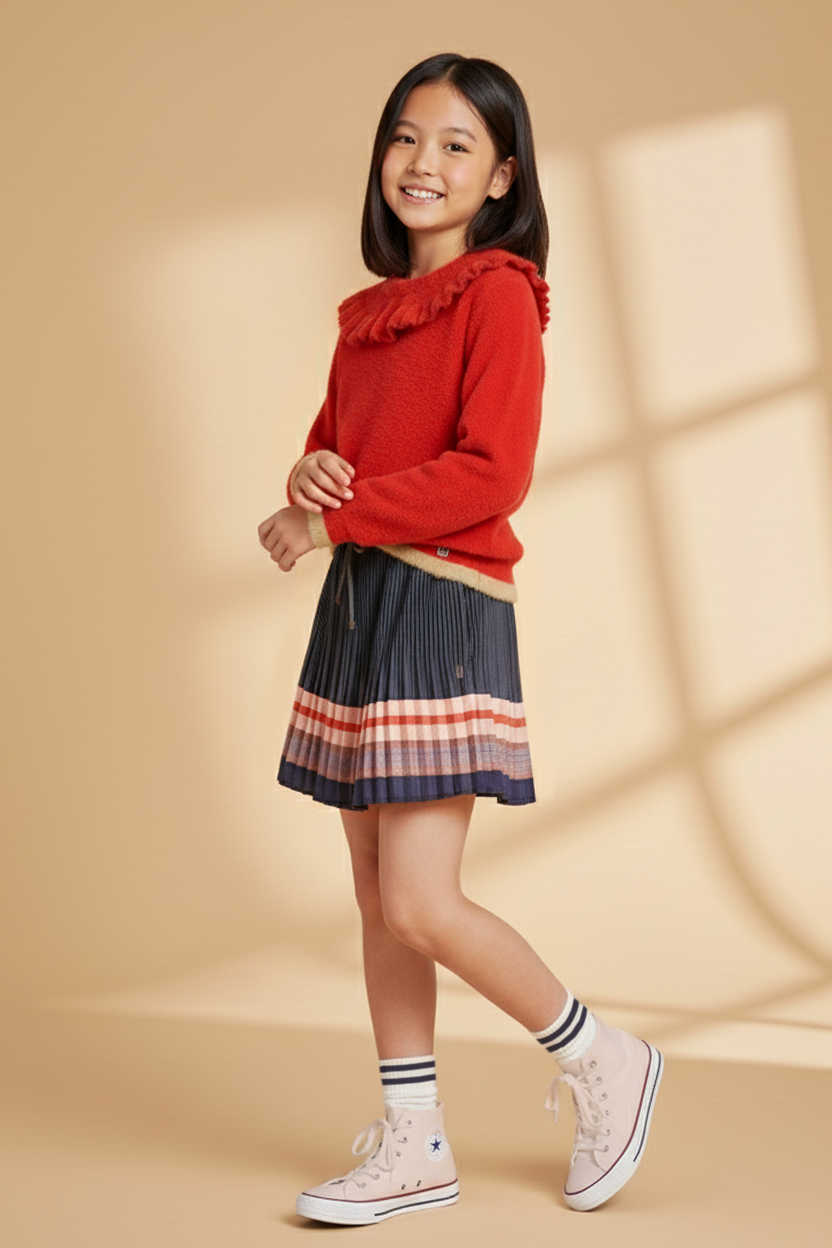 Ketan Trui & Plissee Rok met Borderprint Navy